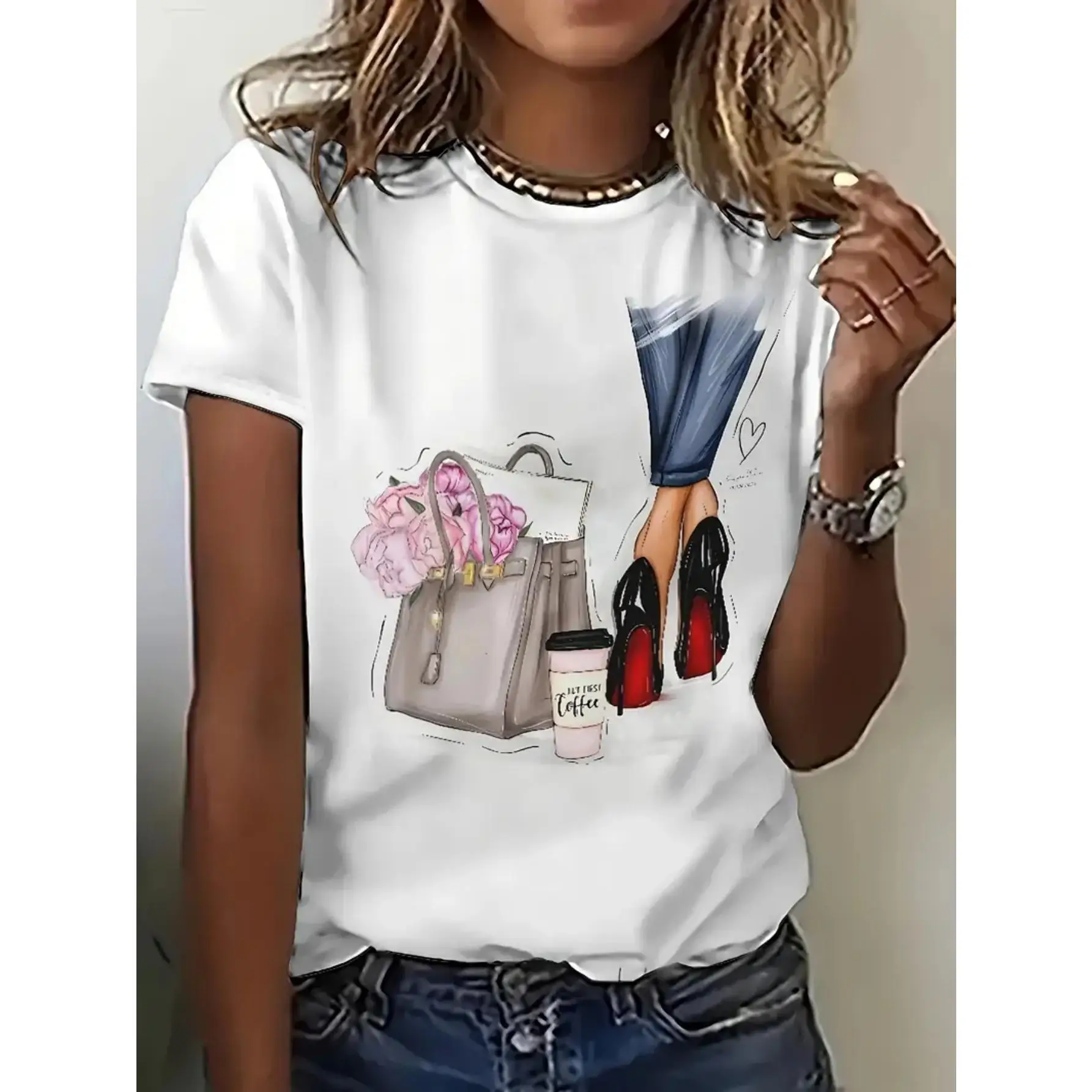 

Chic Women's Fashion T-Shirt | Stylish Coffee, Handbag & High Heel Print | Casual White Tee for Shopping & Coffee Dates