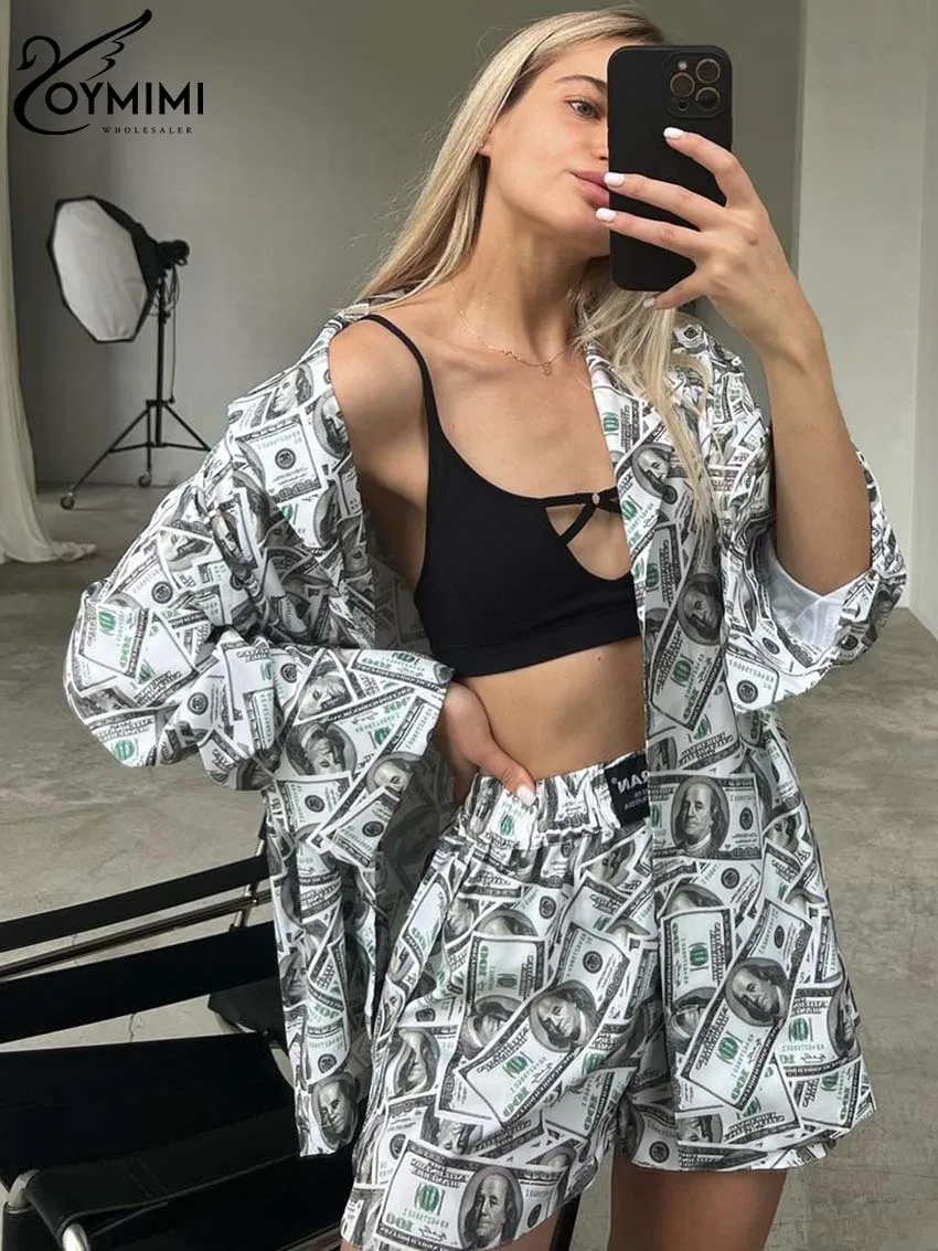 Oymimi Elegant White Print Womens 2 Piece Outfit Set Fashion Loose Long Sleeve Single Breasted Shirts And High Waist Shorts Sets