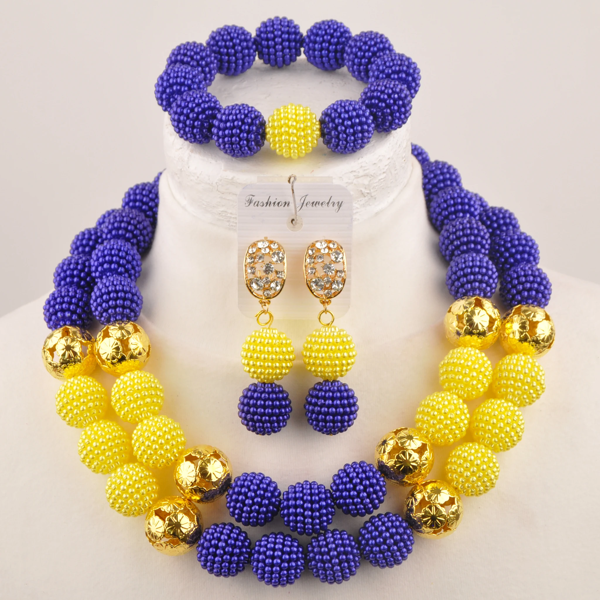 Laanc Royal Blue-Yellow African Beads Jewelry Set for Women