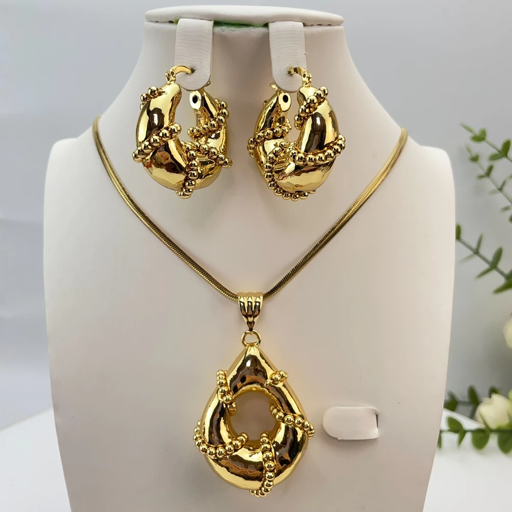 Dubai Jewelry Set Irregular Design Hoop Earrings and Pendant 2PCS Set for Weddings Bridal Necklace Earrings Accessory FHK29171