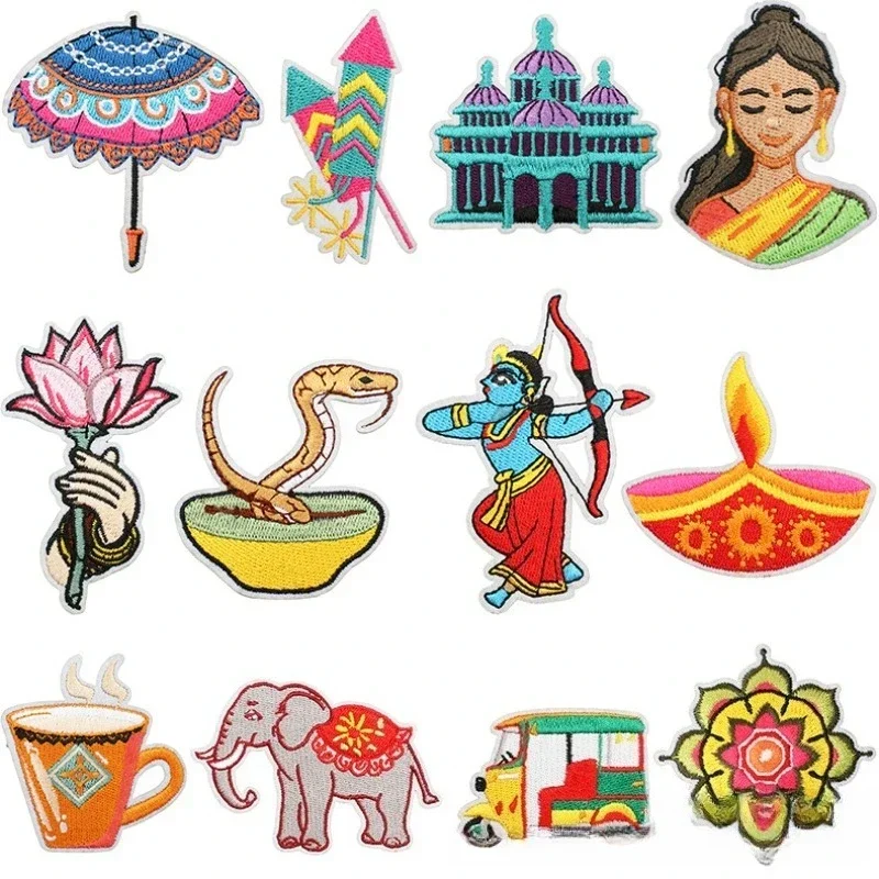 India Diwali Day Embroidery Cloth Sticker Cobra Elephant Patch Sticker Holiday Dress Up Cartoon Lotus Embroidery Chapter Zai