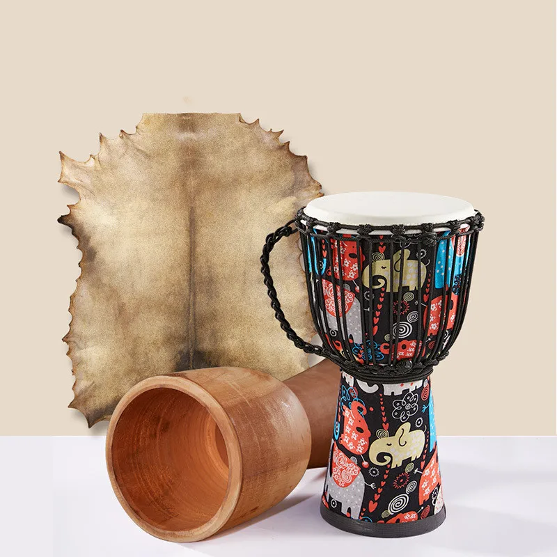 10 Inch African Goat Skin Covered Drum Hand Drum with Colorful Art Patterns Wooden Drum Body Djembe Percussion Instrument