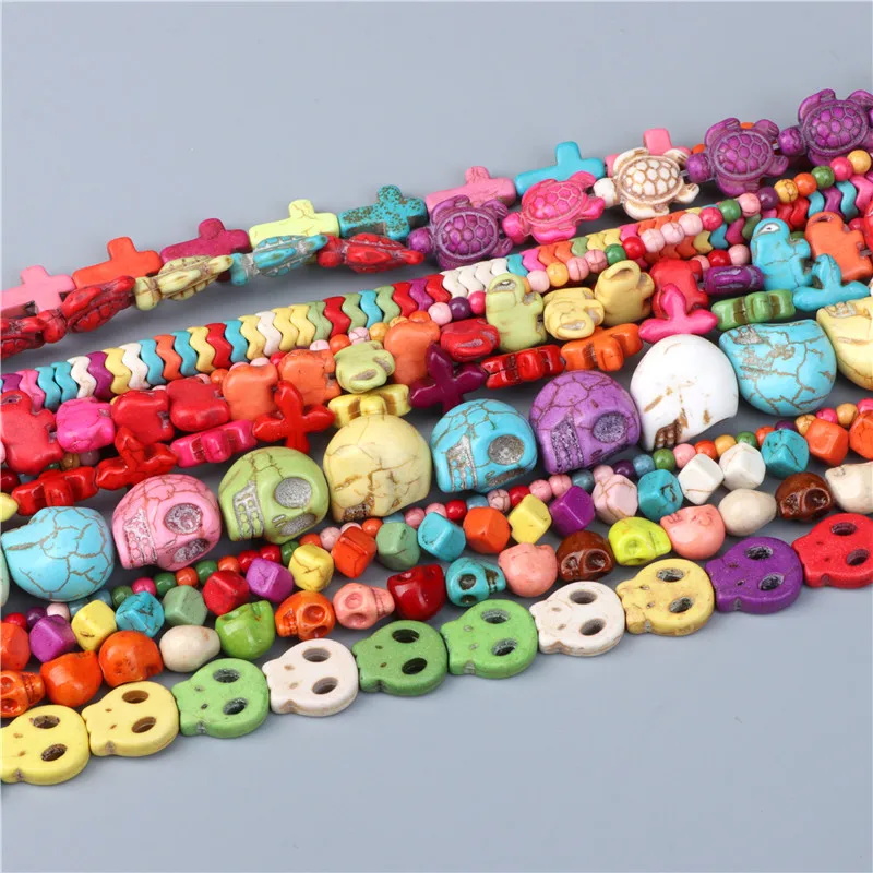 10 Style Colorful Natural Turquoises Stone Beads Cross Skull Shape Loose Spacer Beads Diy Necklace Bracelet For Jewelry Making