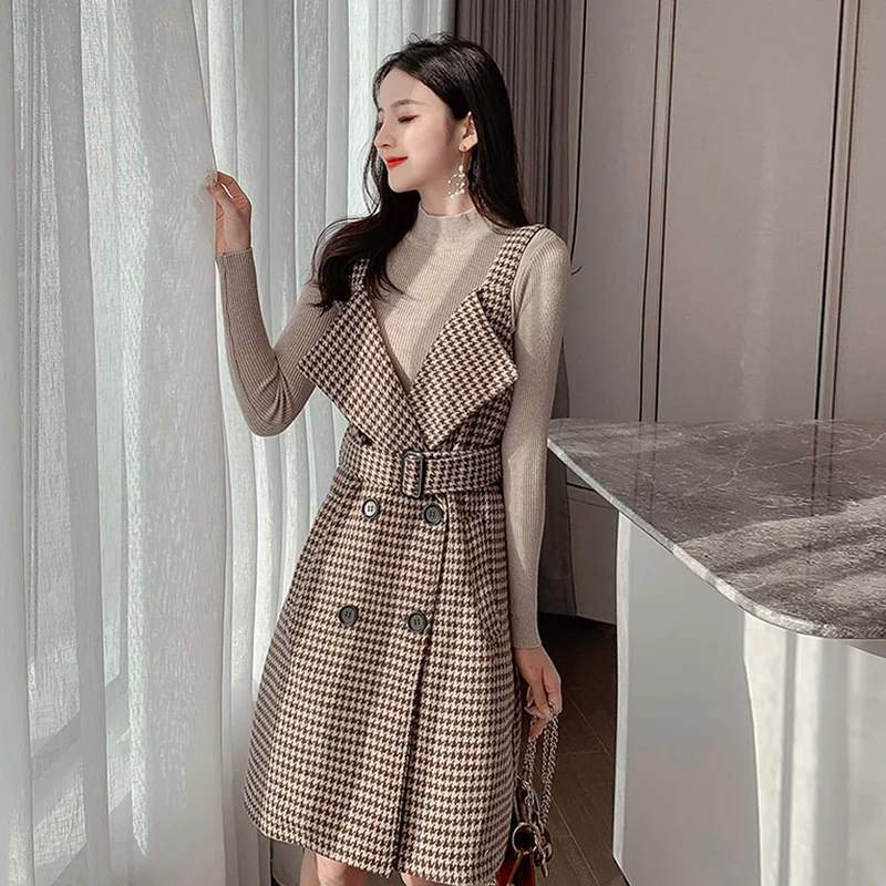 Houndstooth Strap Dress Women Autumn Winter Two-Piece Set 2022 New Korean Waist Knitt Tops + Woolen Waistcoat Dress Suit Female