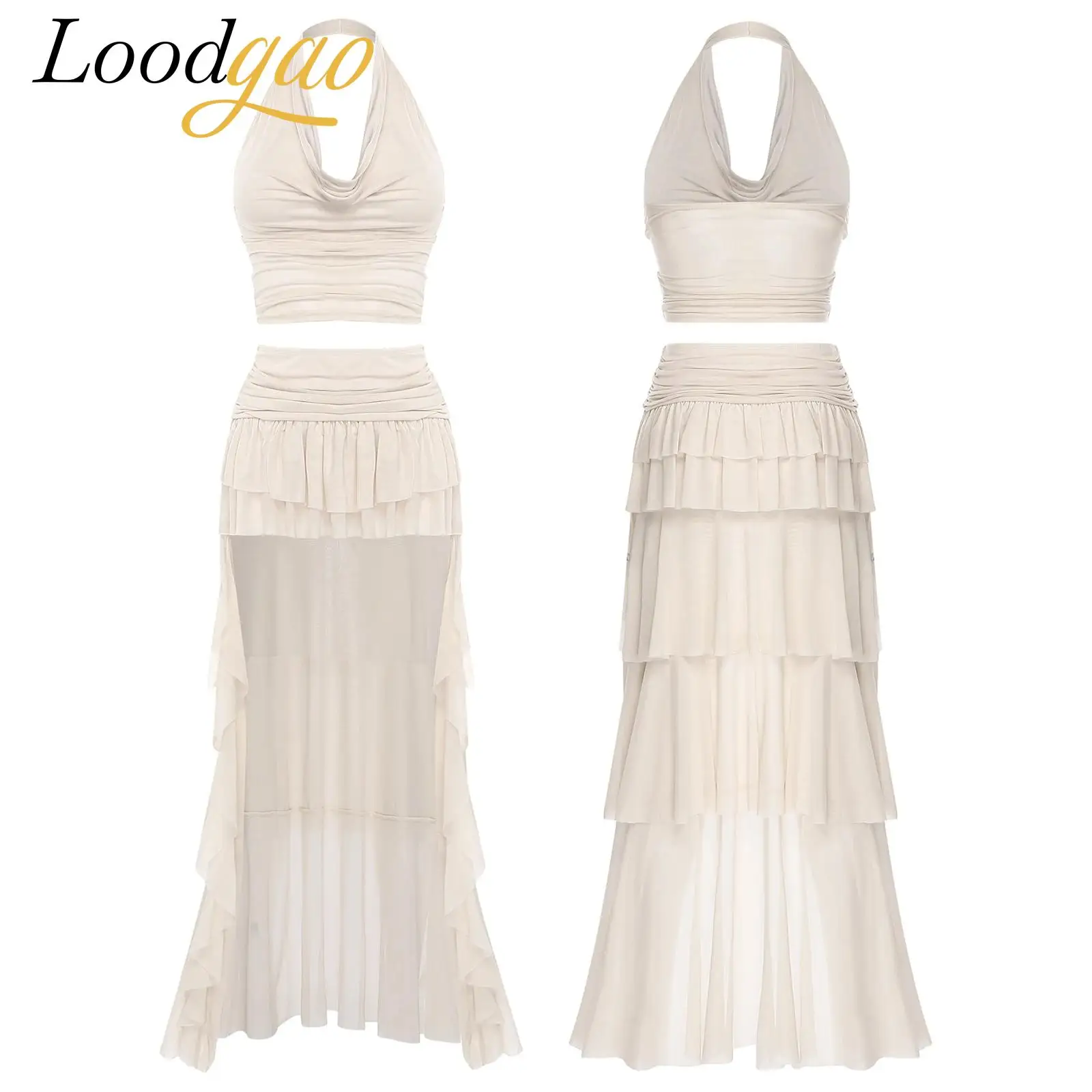 

Lady Prom Gown Halter Crop Top Ruffled Asymmetrical Hem Skirt Set Women Clothes Sets Summer Skirts Suits Cocktail Party Outfit