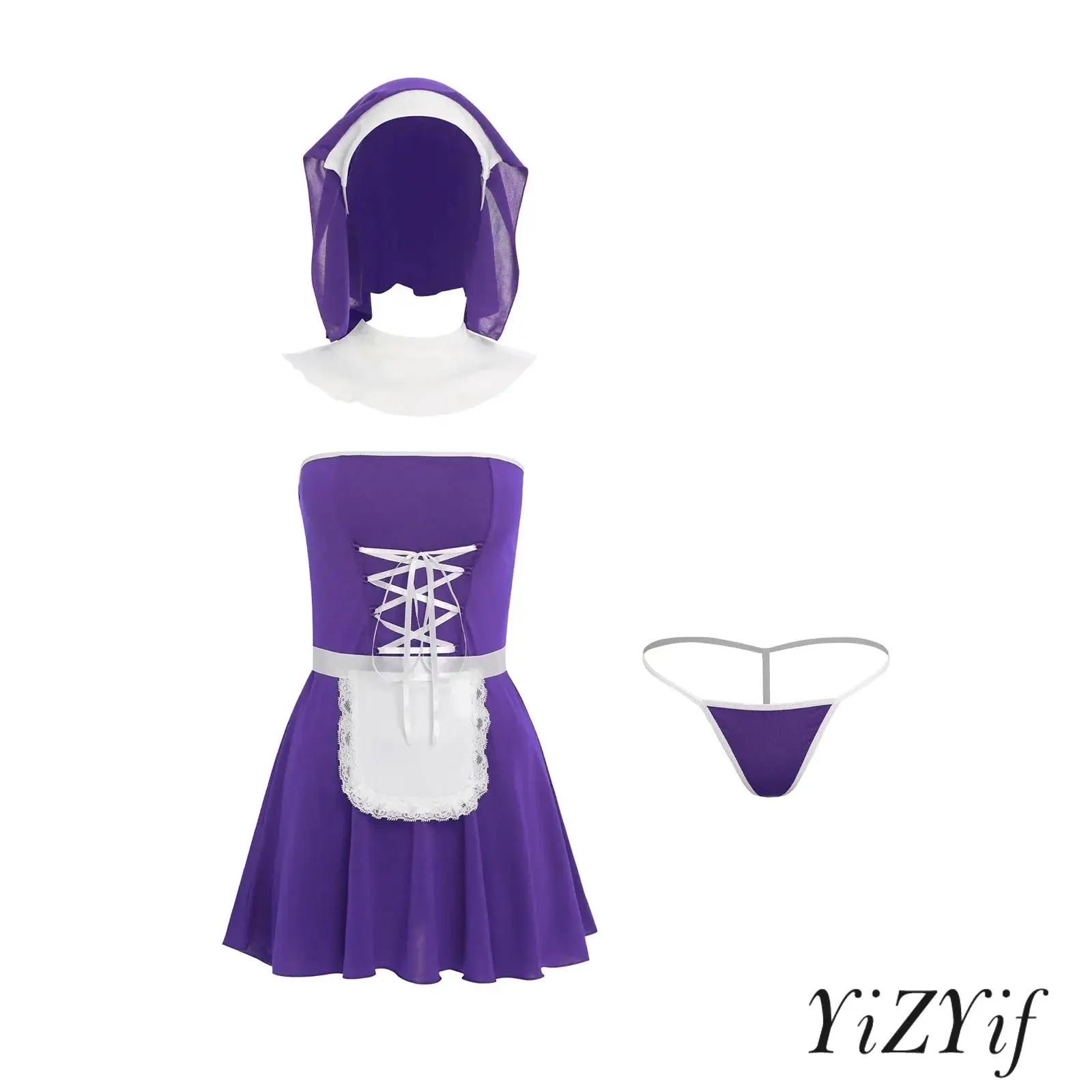 

Nun Maid Lingerie Outfit Women Strapless Mini Dress T Back Thong Collar Apron Headpiece 5Piece Halloween Xmas Cosplay Costume