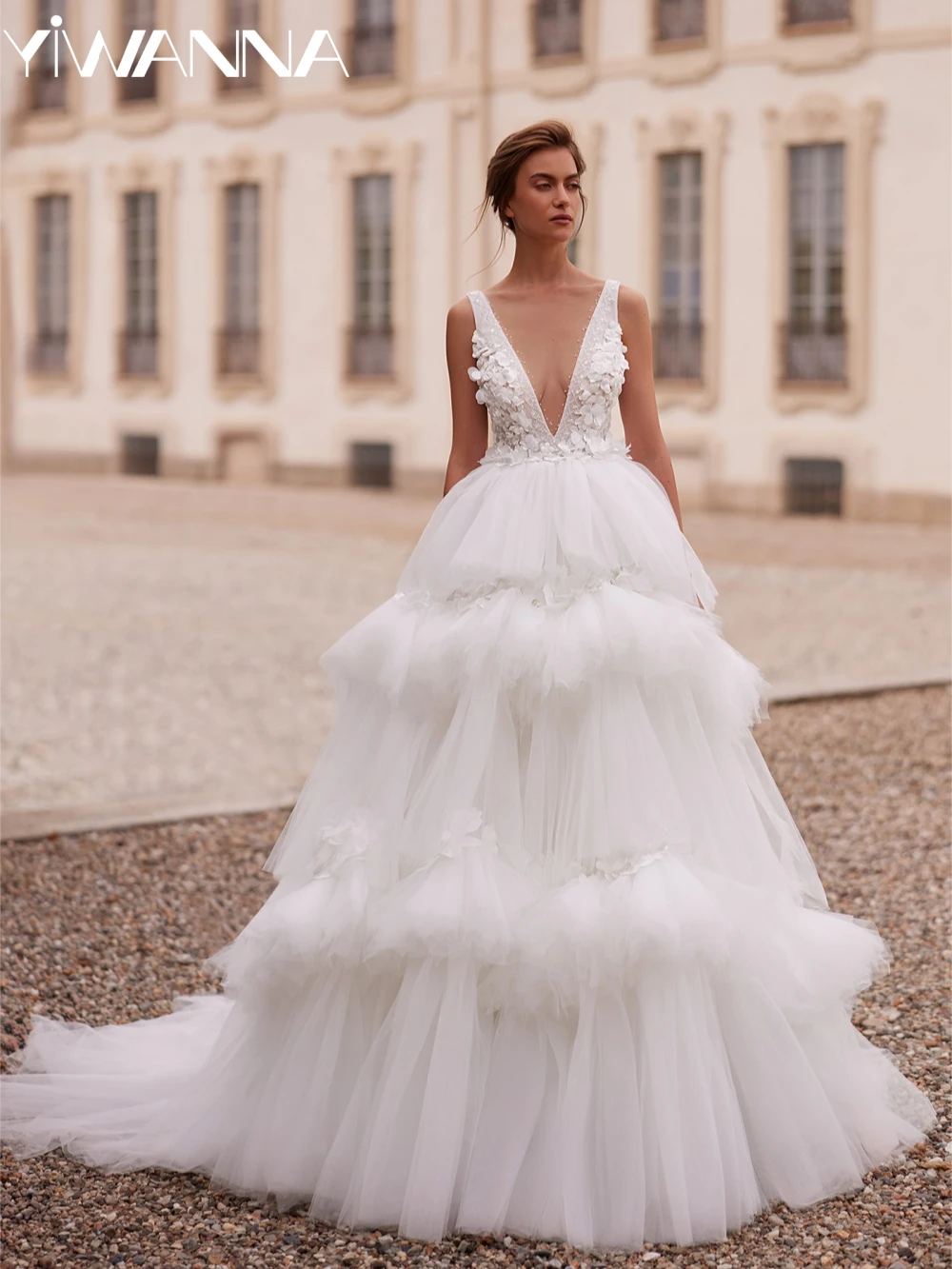

Sparkly Beaded A-line Tiered Tulle Long Wedding Dress With 3D Flower Sexy Deep V-neck Bridal Gown Customized Dresses For Bride
