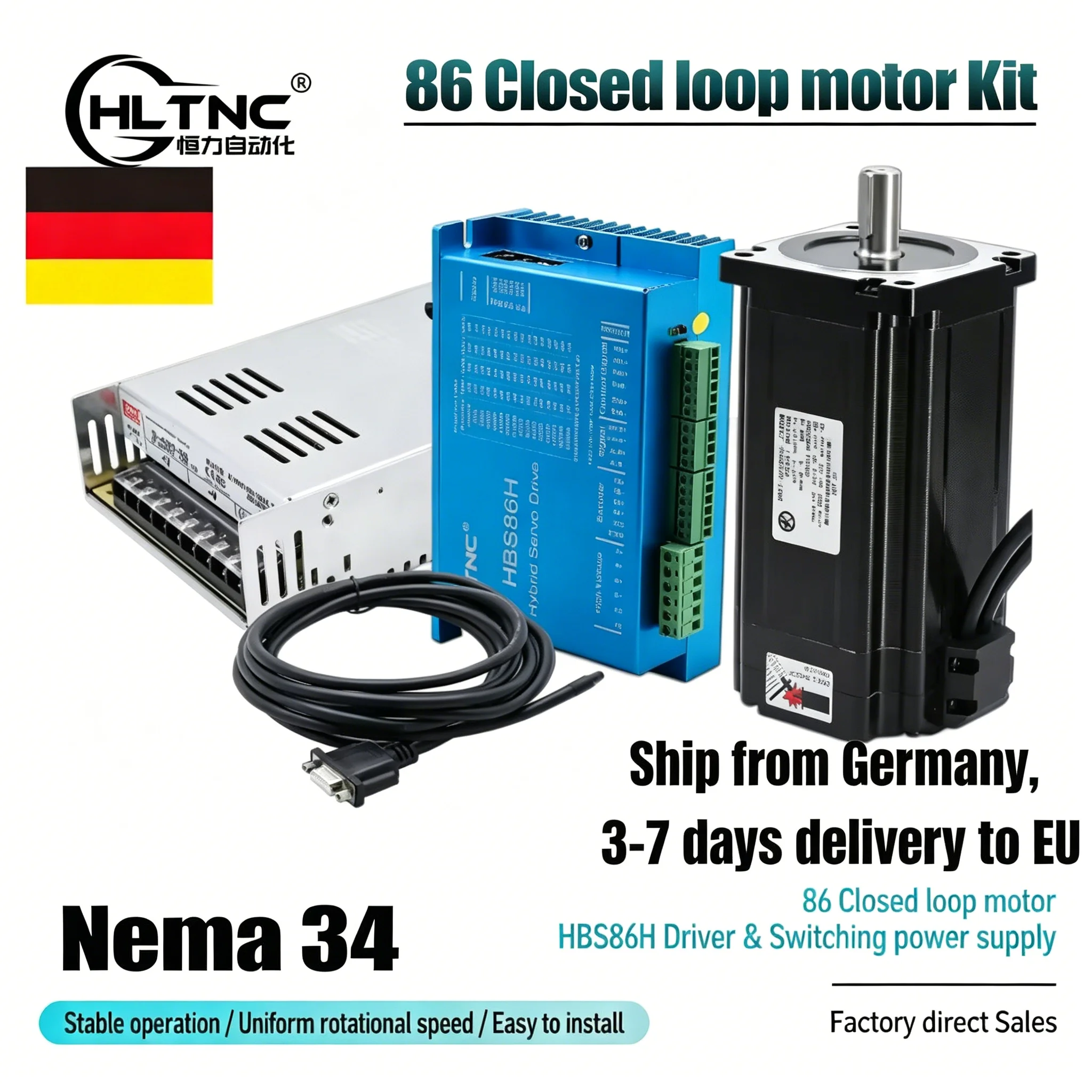 EU-Versand Nema 34 Schrittmotor Closed Loop mit Encoder 1000PPR 4,5Nm 8,5Nm 12Nm Treiber HBS86H 400W-60V Netzteil AC 200-240V