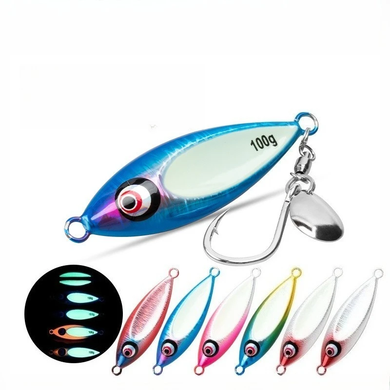 

2pcs 80g 100g Cast Metal Jig Slow Bee Slow Pitch Jig Shore Casting Jigging Spoon Lure Glow Saltwater Fishing Lure WIth Hook