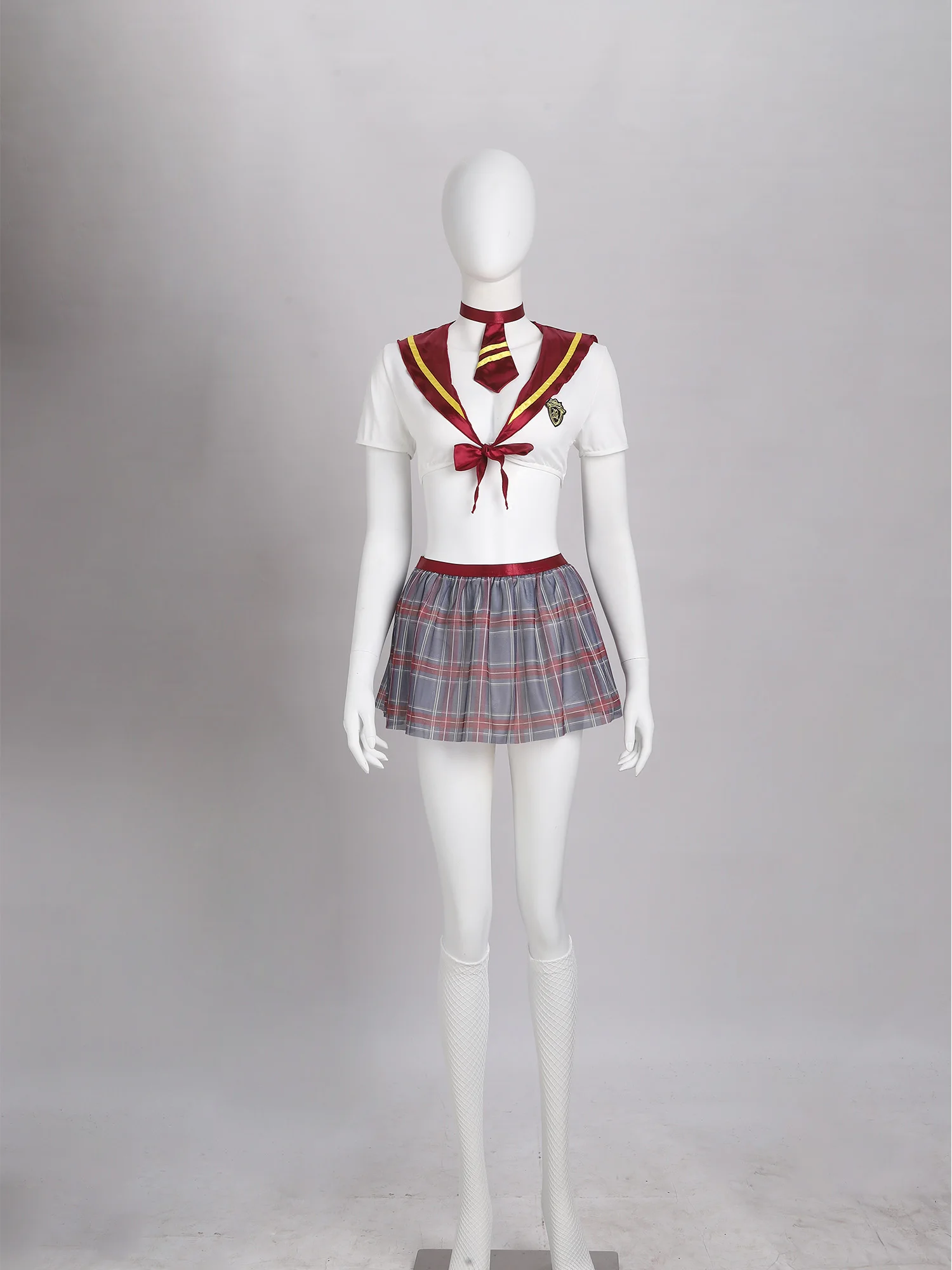 Women Halloween Theme Party Sexy Schoolgirl Cosplay Lingerie Set Crop Top with Necktie Sheer Mini Skirt Thong Fishnet Stockings view 3