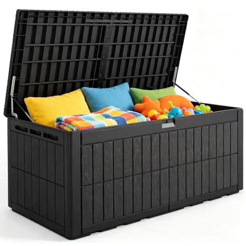 220 Gallon Heavy Duty Resin Deck Box, Weatherproof Waterproof Outdoor Storage Bench, UV Resistant Lockable Container