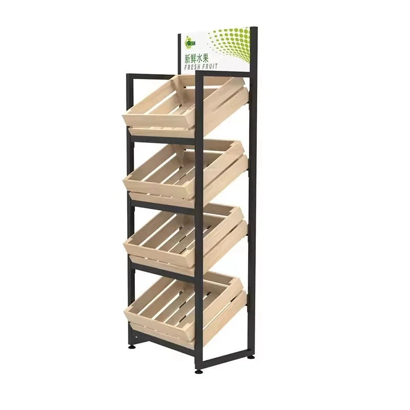 custom.Classical Design 4 Layer Standard Wooden Supermarket Gondola Fruit Vegetable Rack