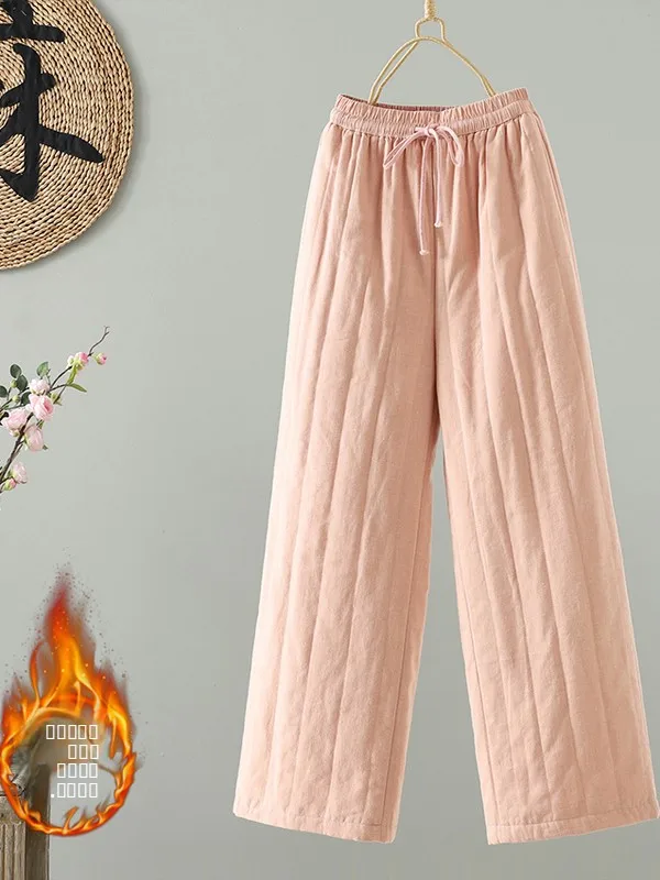Loose Wide Leg Pants Women's Casual Cotton Linen Trousers Winter Outerwear Elastic Waist Loose Fit Pants Pure Color High Waist