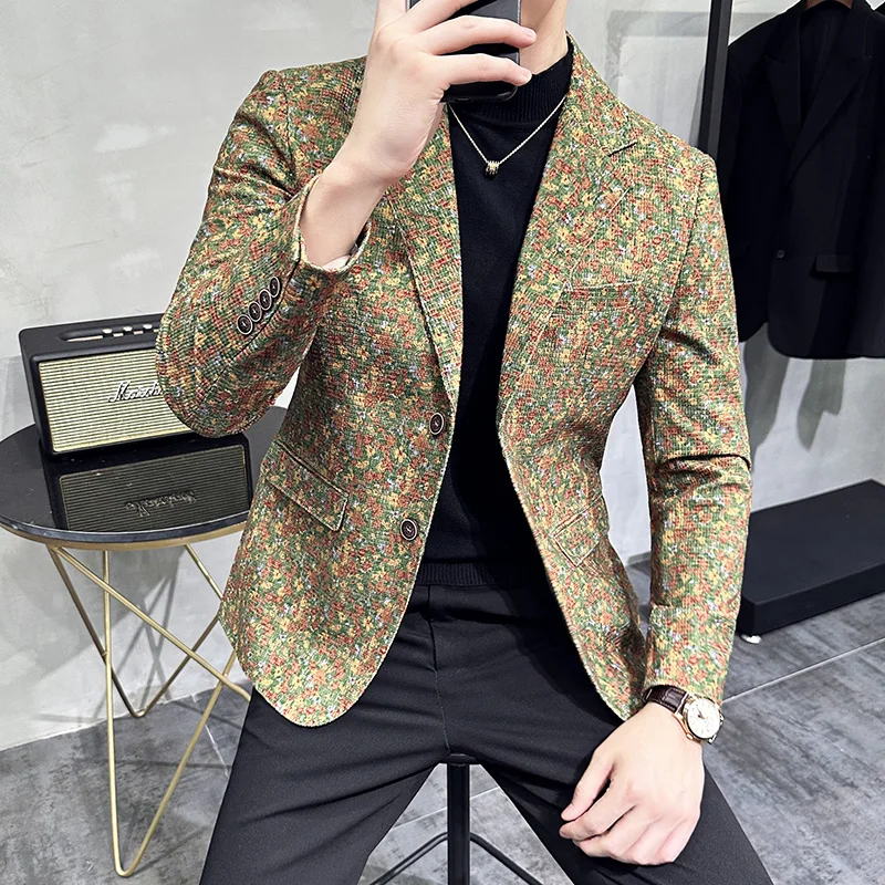 Autumn Winter Men Blazers Fashion Flower Casual Business Suit Jacket Slim Party Banquet Wedding Groom Dress Coat Men Clothing