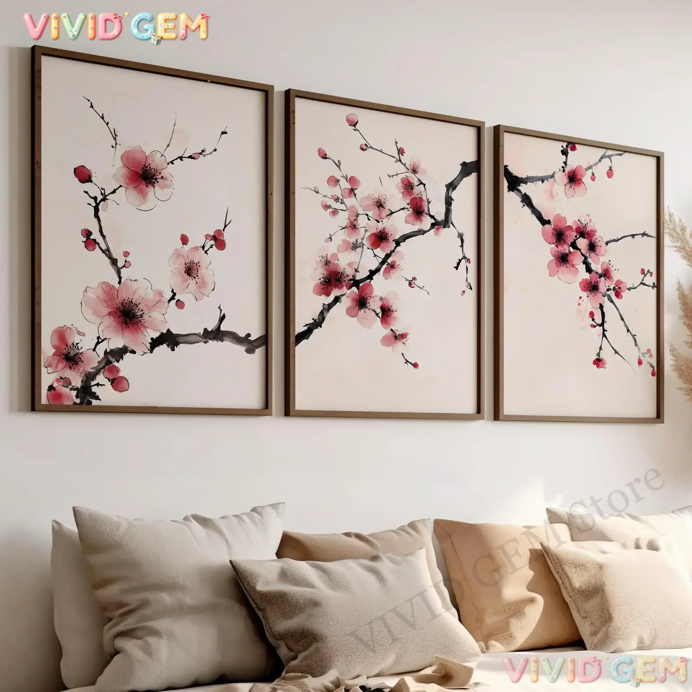 VIVID GEM Large-sized Cherry Blossom Branch Print Watercolor Art Set of 3 Poster or Canvas Print, Japanese Tree Branch Art,Pi