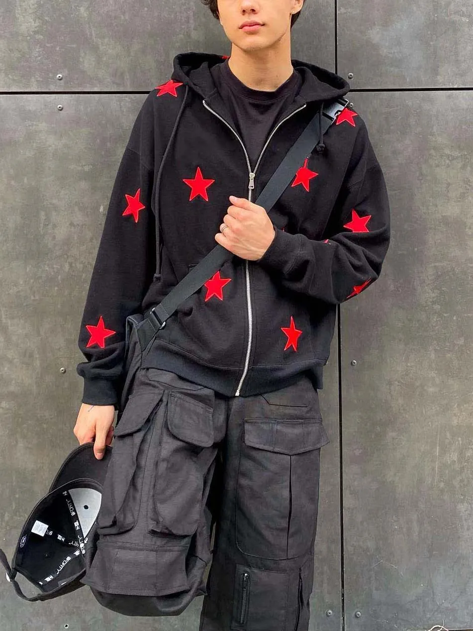 

BIG PROMOTION Vintage Star Pattern Hoodie Jacket Long Sleeve Zip Hoodie Sweater Jacket Personality Street Men's Wear