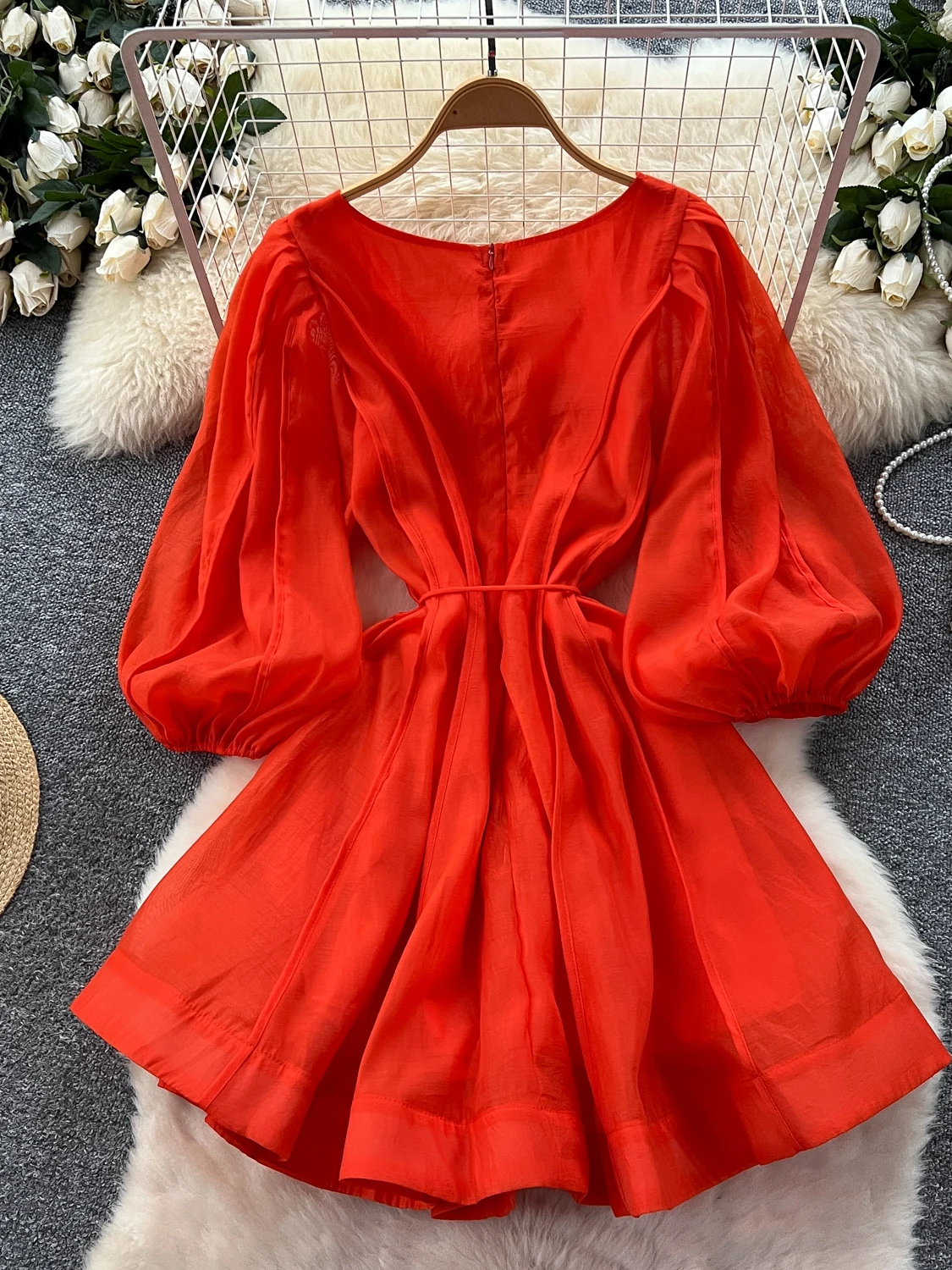 Retro Court Faion V-Ne Lantern Sve Waist-Cinching Summer Slimming Puffy A-Line ort Skirt Dr for Women