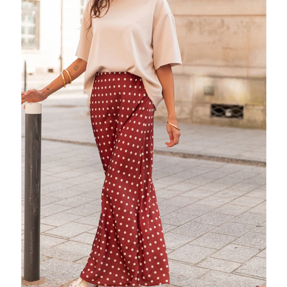 Women Vintage Aesthetic Polka Dot Maxi Skirts Elegant Bodycon A Line Flare Long Skirts Cute Dot Print Flowy Maxi Satin Skirts