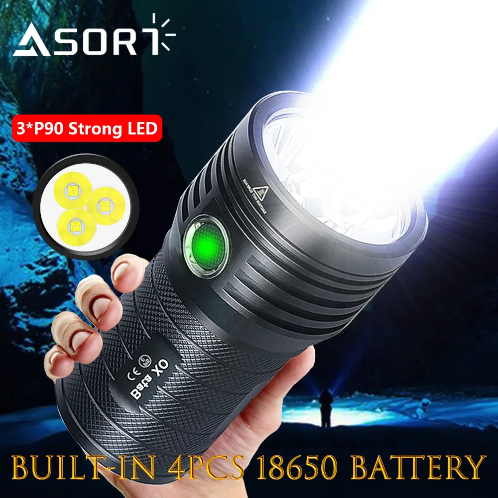 Super Bright 3*XHP90 LED Flashlight High Lumen Rechargeable Tactical Torch Safety Lock Hand Lantern for Camping Hiking Fishing