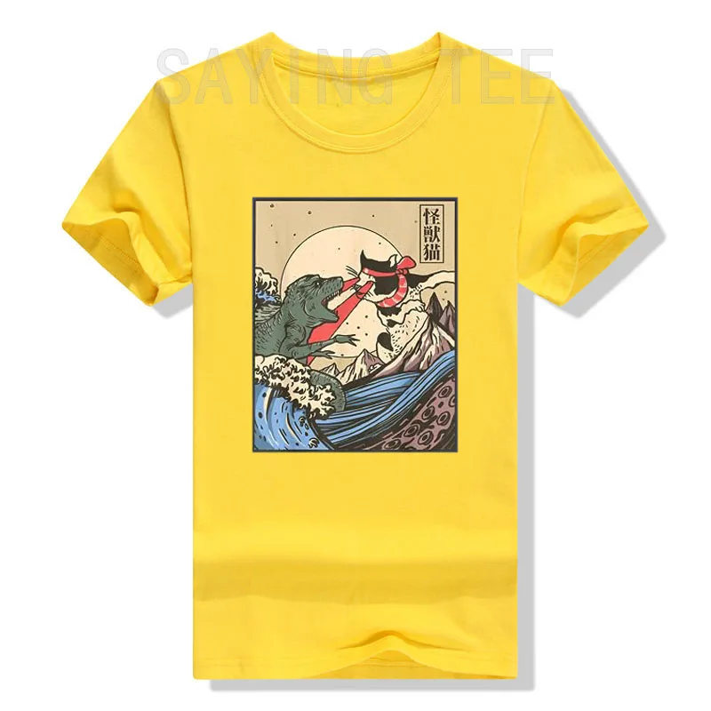 Vintage Cat Vs Monster Retro Japanese Great Wave Otaku Manga T-Shirt Humor Funny Kitty Cartoon Graphic Tee Tops Comics Outfits