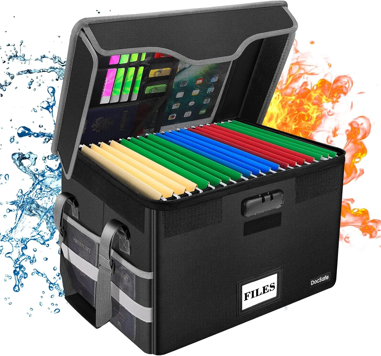 

Огнестойкий ящик для документов с замком, складной органайзер для хранения файлов с сетчатыми карманами и ручкой для домашнего офиса, черный