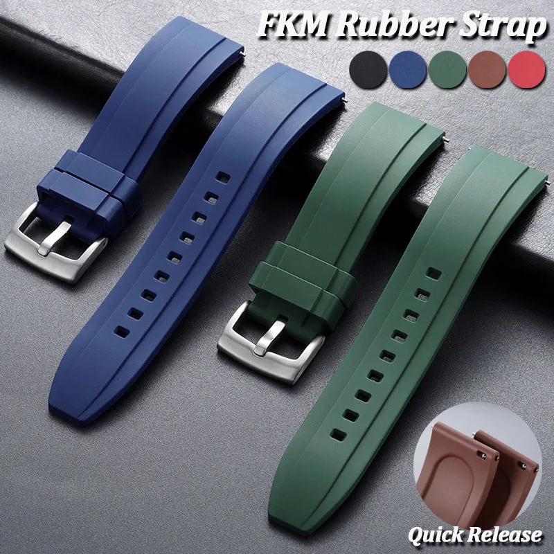 Soft FKM Rubber Watch Band 20mm 22mm Quick Release Universal Strap Curved Groove Breathable Sweat Drainage Fluororubber Bracelet