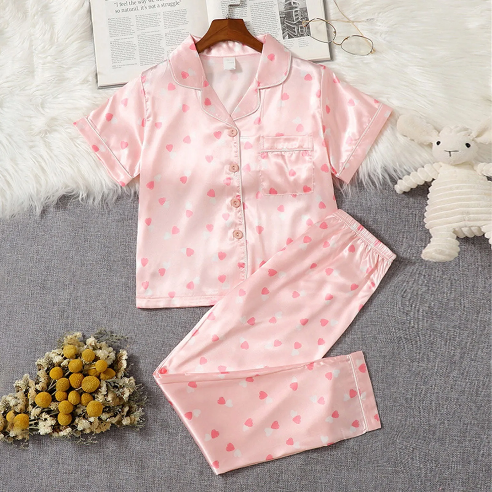 

Children Pajamas Sets Sweets Love Prints For Kids Homewear Set Cool Short Sleeve Long Pants Sleepsuit For Spring And Autumn