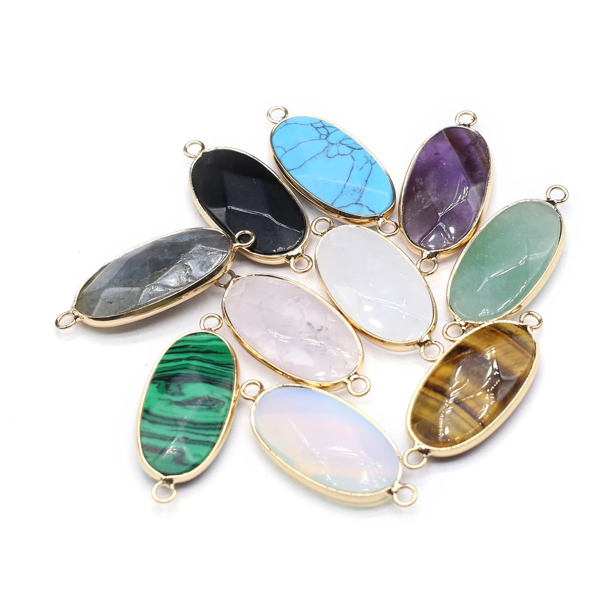 10PCS Wholesale Natural Stone Random Color Oval Connector Pendant 38x16mm Jewelry Making DIY Necklace Earrings Accessories Gift