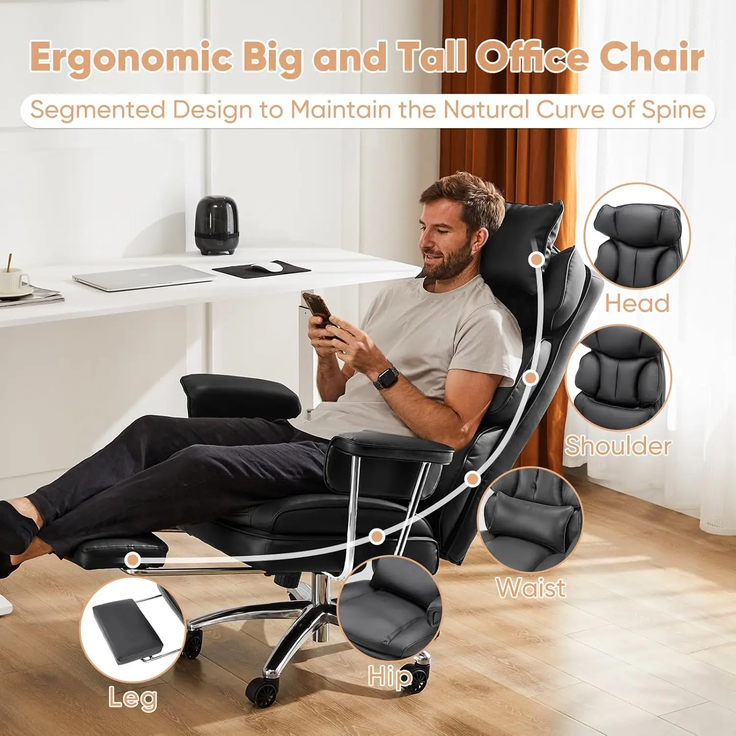 Executive Home Office Desk Chair - Ergonomic Big Tall High Back with Footrest & Lumbar Support, Reclining Height Adjustable