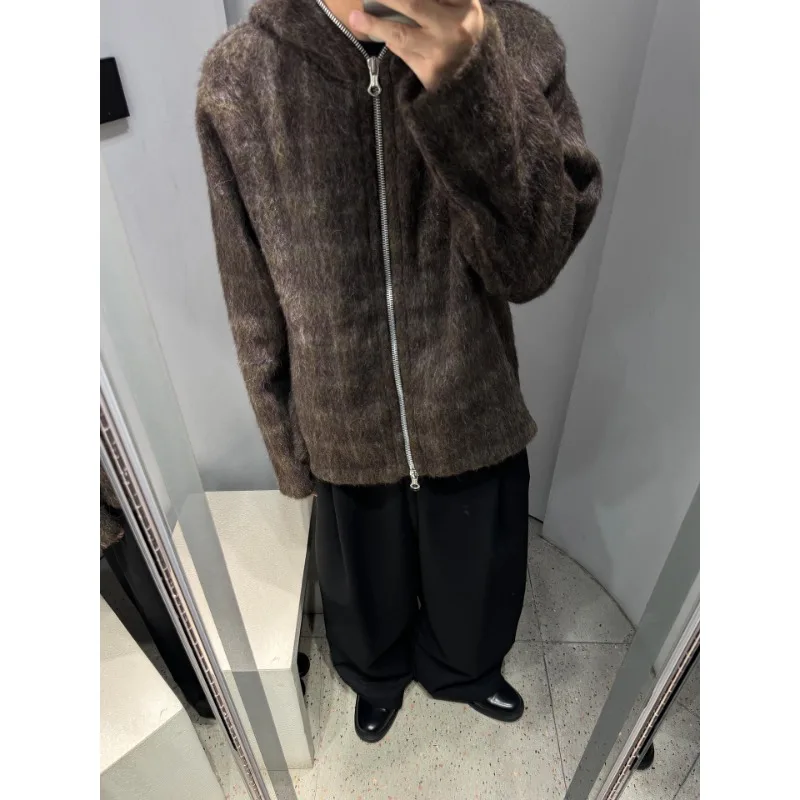High Street Our Legacy Brown Plaid Zip Hoodie Men Women Casual Loose Wool Knit Cardigan Men's Clothing