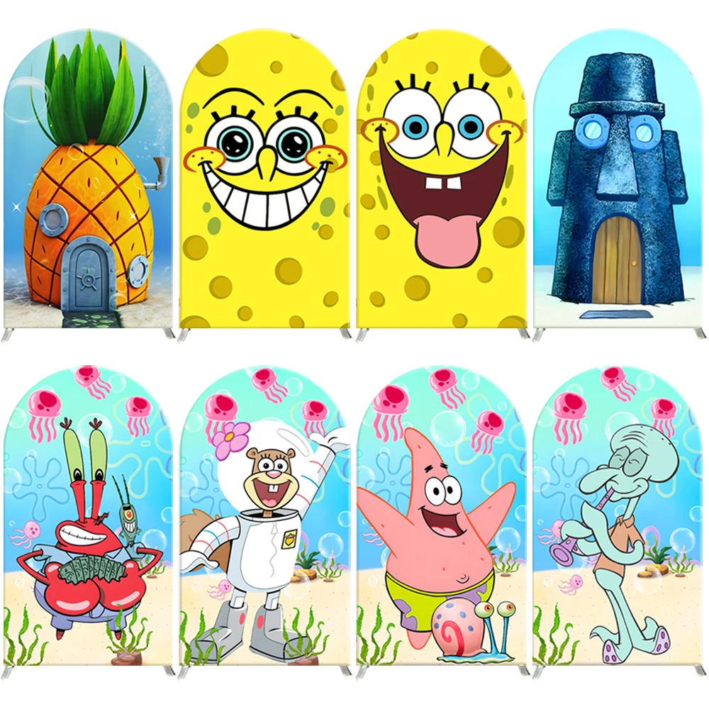 

SpongeBob Arch Backdrop Cover Patrick Star Cartoon Pineapple House Kids Birthday Baby Shower Decoration Photography Background