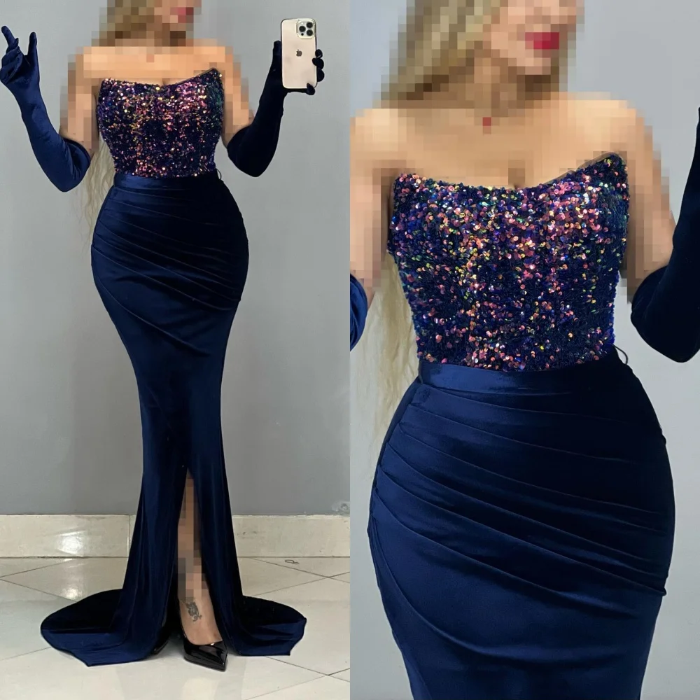 ที่กําหนดเองที่ละเอียดอ่อนSequined StraplessชุดราตรีคุณภาพสูงVelourพรหมชุดอารมณ์Party Gowns