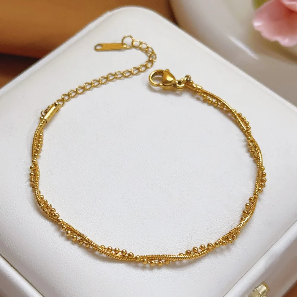 Temperament Gold Color Stainless Steel Round Snake Chain Bead Chain Double-layer Bracelet for Women Fashion Commuting Jewelry