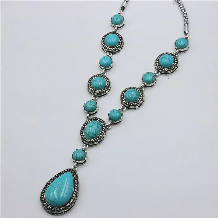 ZFSILVERFashion Retro Ethnic Sliver Plated Synthetic Turquoise Waterdrop Round Sweater Neckalce For Bohemian Jewelry Accessories