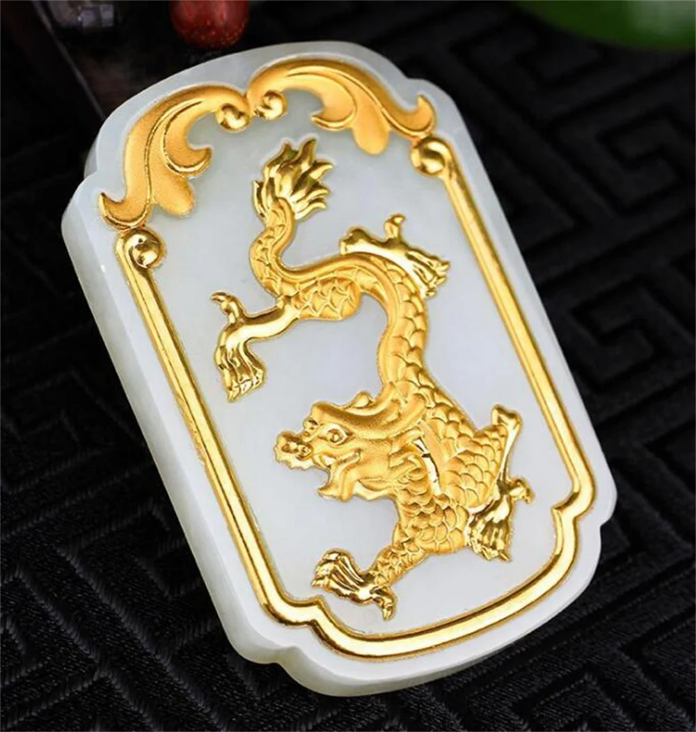 Natural White Hetian Jade Solid Gold Chinese Handwork Dragon Phoenix Pairs Lucky Pendant + Free Necklace Jewelry Certificate