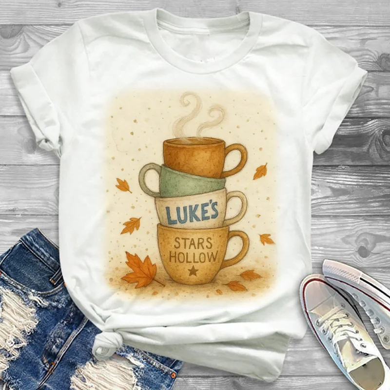 فنجان القهوة المطبوعة نمط المرأة بلوزات مستديرة العنق تي شيرت الخريف لطيف نمط غير رسمي الملابس النسائية موضة تنوعا تي شيرت أبيض