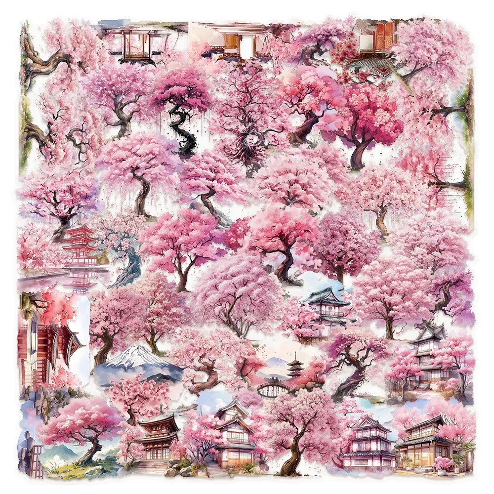 

10/50pcs Kawaii Japan Pink Cherry Blossoms Sakura Transparent Stickers Scenery Decals Luggage Laptop Phone Waterproof Sticker