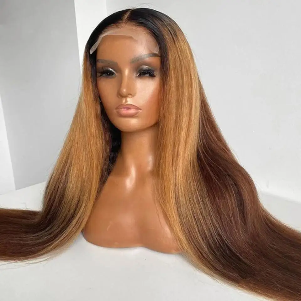 

Soft Yaki Ombre Brown 30Inch Long Kinky Straight Lace Front Wig For Black Women Baby Hair Synthetic Preplucked Daily