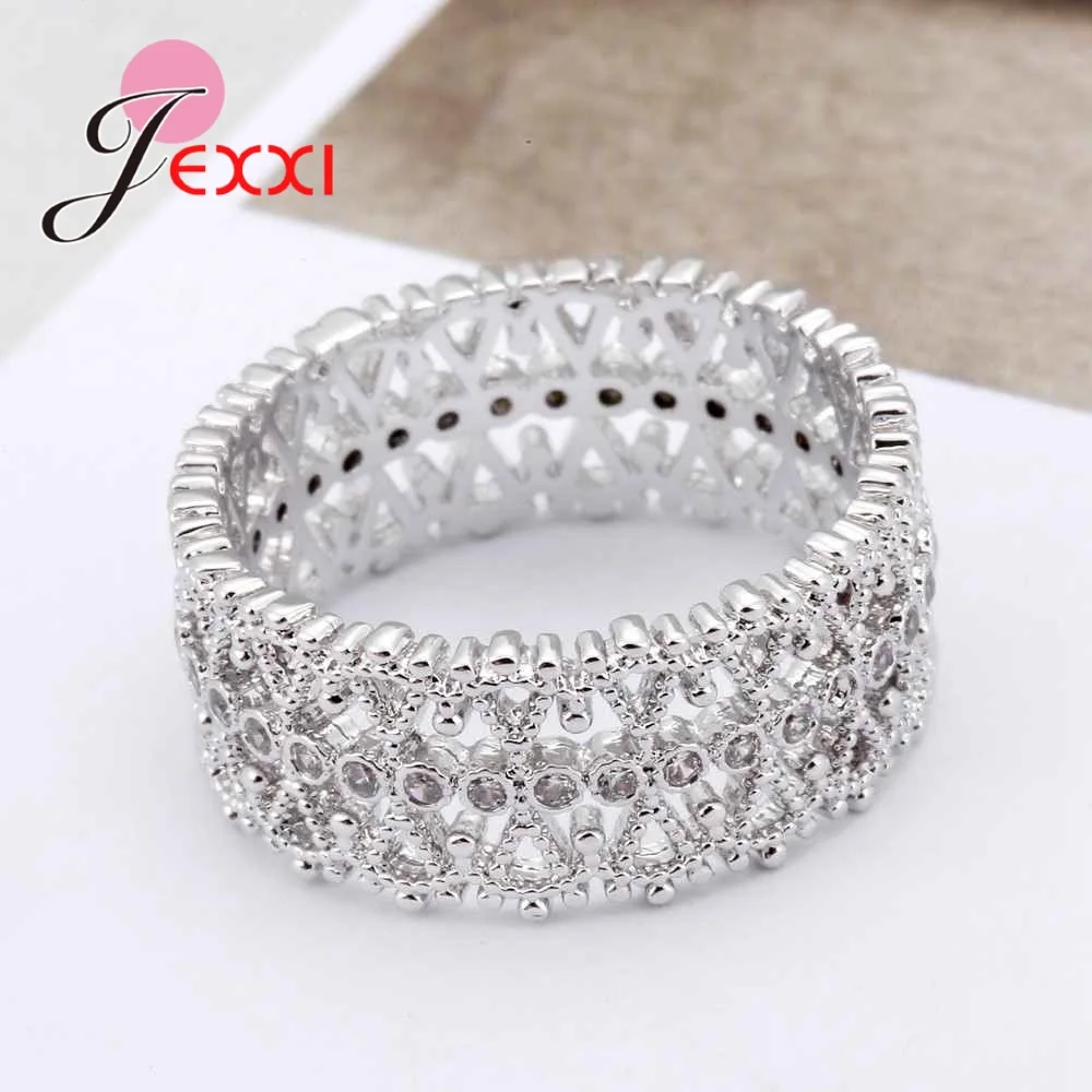 Wide Big Rings For Women Daily Wearing Finger Band Ring Jewelry 925 Sterling Silver Hollow Design With Small Zircons Set