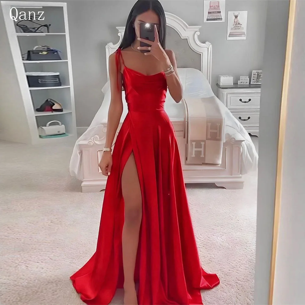 Qanz Red Modern Prom Dresses Mermaid Satin High Slit Evening Gown Spaghetti Straps Robe De Soirée Chic Et élégante Customized