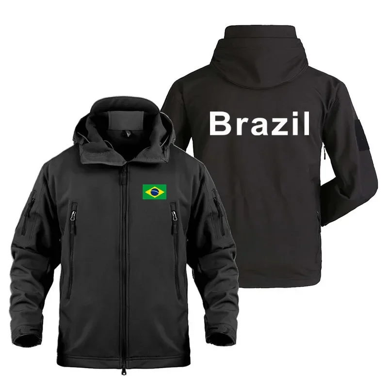 

New Brazil Print Sharkskin Soft Shell Hooded Jacket Windproof Camping Hiking Hunting Jacket Stretch Fleece Sportswear
