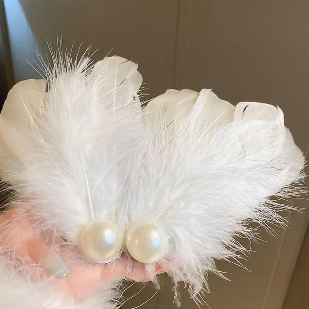 2pcs White Swan Feather Hairpin Headwear Ballet Style Stage Performance Side Clip Girl Party Faux Pearl Accessories Hair Clips