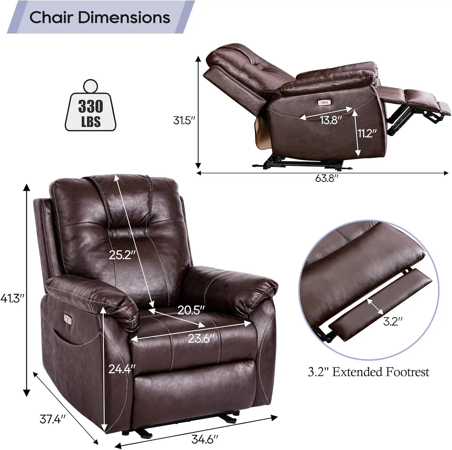 Silla reclinable eléctrica con masaje y calor, reposapiés extendido, cuero de imitación