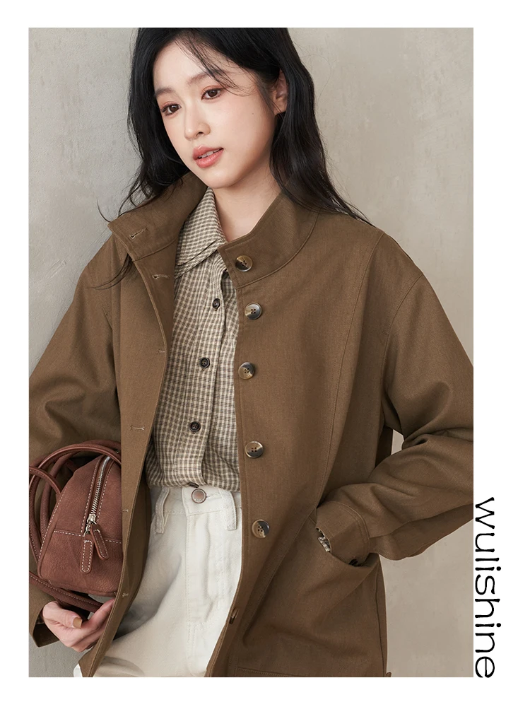 

Brown Stand Collar ort Jaet Women's Casual Sle Loose Fit Long Sve Cotton Spring Autumn New Arrival S952