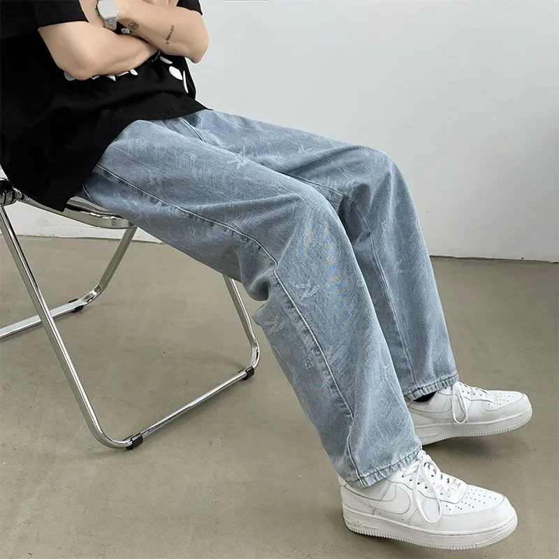 Jeans Men Design Print Mid Waist Oversize Baggy Jean Streetwear Zipper Fly Straight Denim Trousers Hip Hop Retro Teens Men