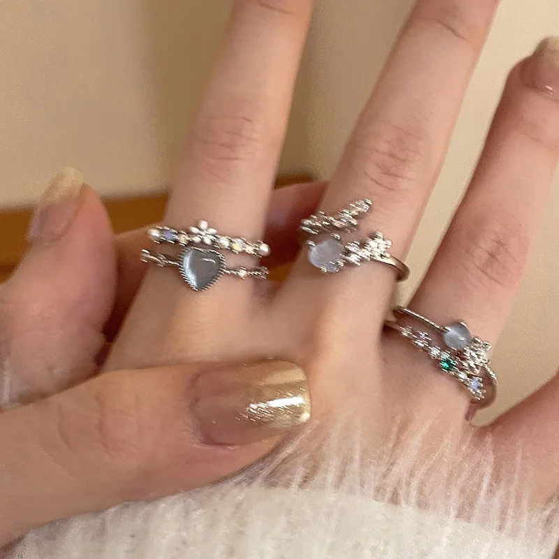 [HS][HS]3Pcs/Set Fashion Blue Opal Heart Rings For Women Open Flower Rhinestone Finger Rings Wedding Party Trendy Girls Jewelry