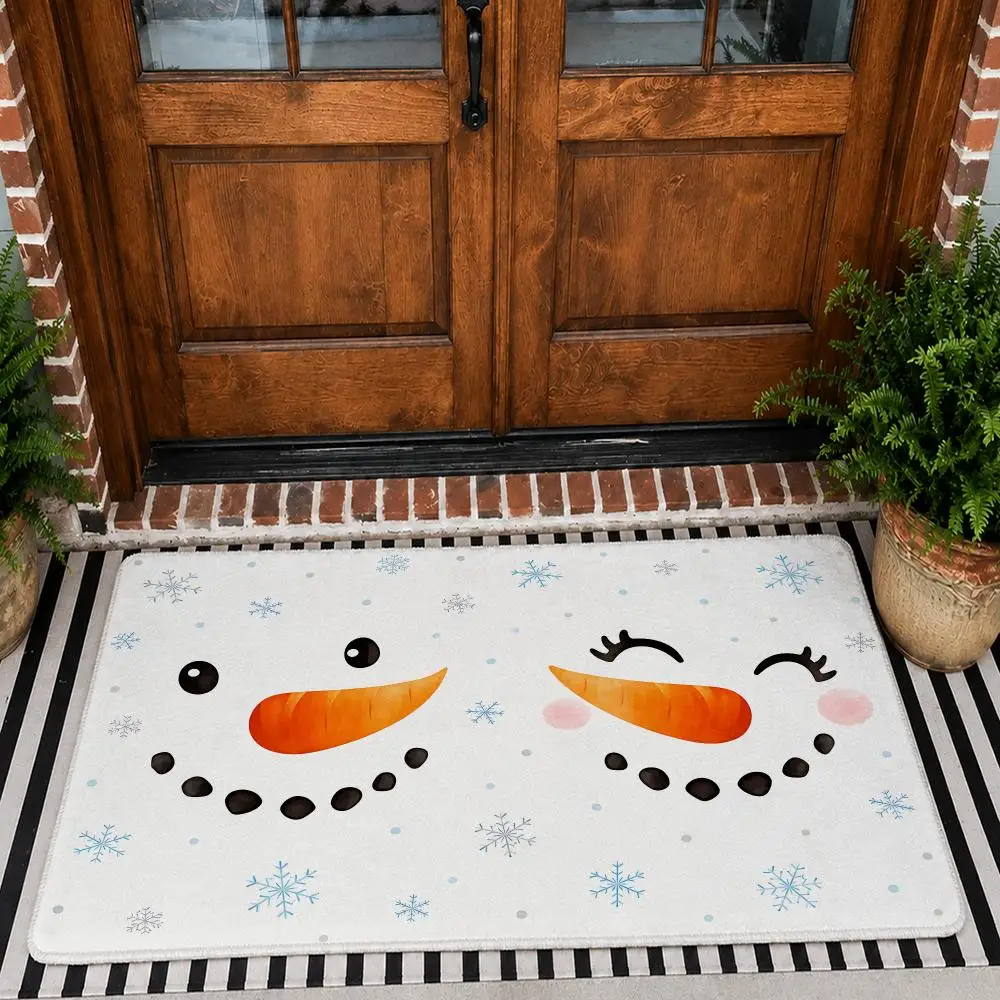 Winter Snowflakes Bears Deer Floor Mat Flannel Rug Non Slip Absorbent Soft Washable For Entryway Hallway Bathroom Kitchen Decor