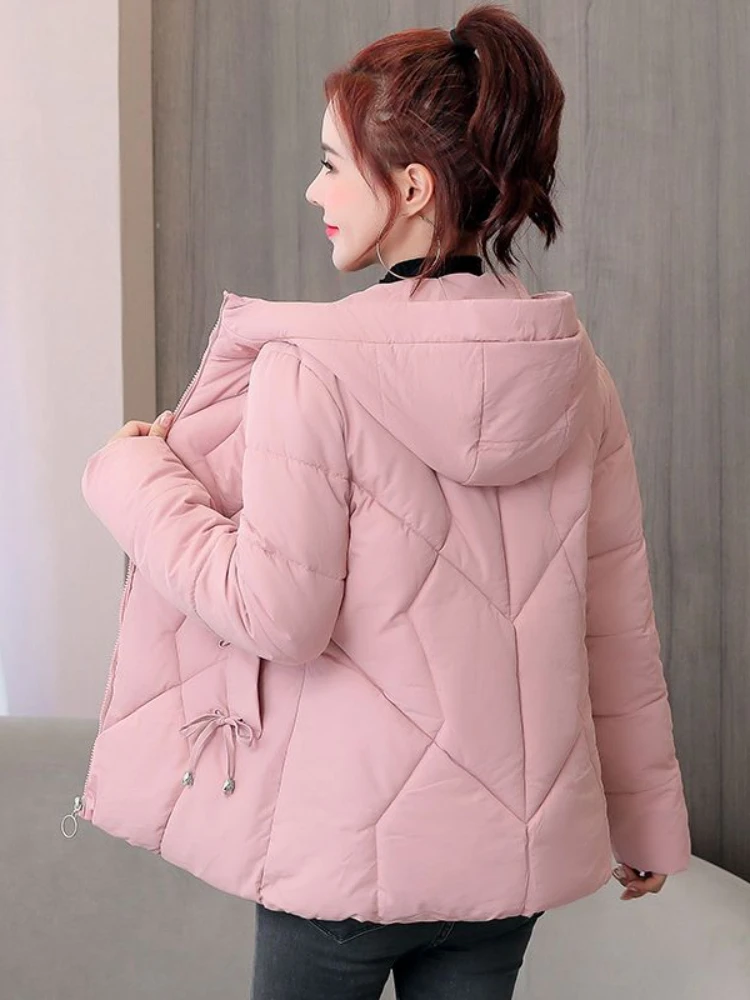 Solid Color 2023 Women's US Edition Down Cotton Hooded Jacket Windproof Warm Bread Jacket Winter and Thick Women Zipper Overcoat