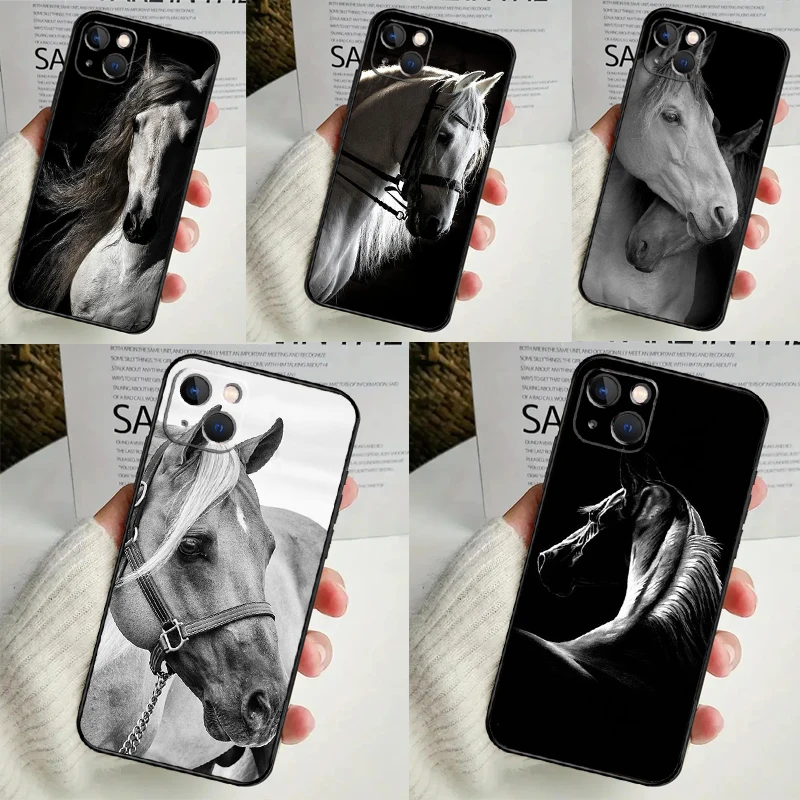 Black White Horse Phone Case For iPhone 16 15 14 12 11 13 Pro Max 7 8 Plus X XR XS Max 13 12 Mini Cover