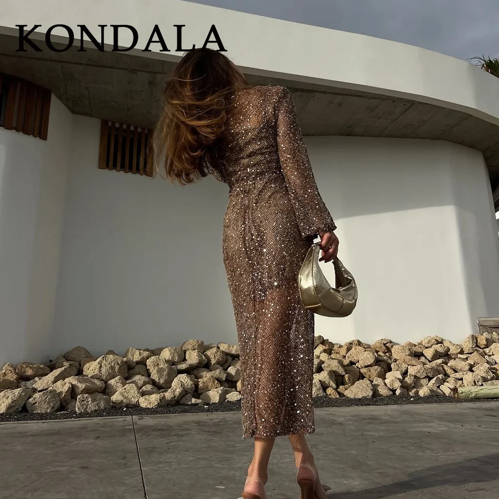 KONDALA 2025 Spring Summer Sexy Hollow Out Women Dresses Fashion Night Club Beading V Neck Slim Sheer Chic Ladies Dresses